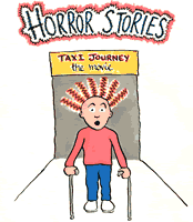A person using crutches stands outside a cinema, under a neon sign saying "Horror Stories" and a banner saying "Taxi Journey - the movie"; their hair is standing on end