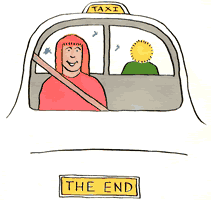 [From the front page cartoon strip] The driver pushes the passenger - the wheelchair user - up a ramp to his taxi